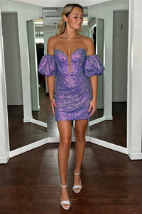 Lavender Sequins Strapless Sheath Homecoming Dress with Detachable Sleeves