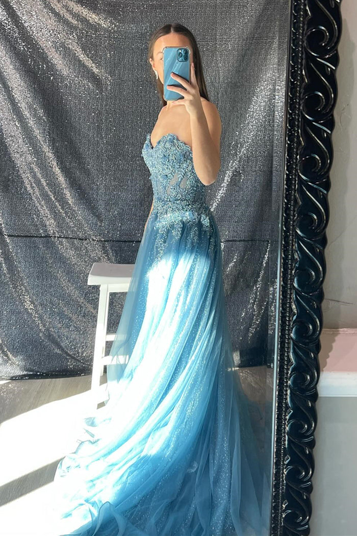 Aqua Strapless Floral Appliques A-line Long Prom Dress