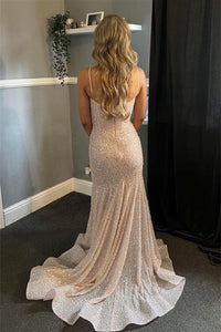 Blush Pink Sequins Mermaid Straps Long Prom Dress