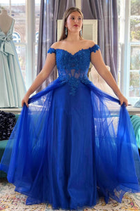 Royal Blue Off-Shoulder Beaded Appliques Tulle Long Prom Dress