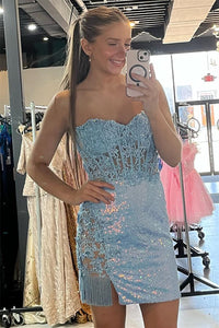Light Blue Strapless Appliques Sheath Sequins Homecoming Dress