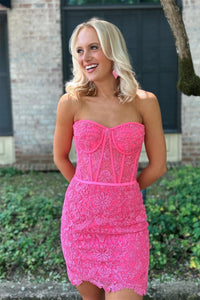 Hot Pink Strapless Appliques Sheath Homecoming Dress