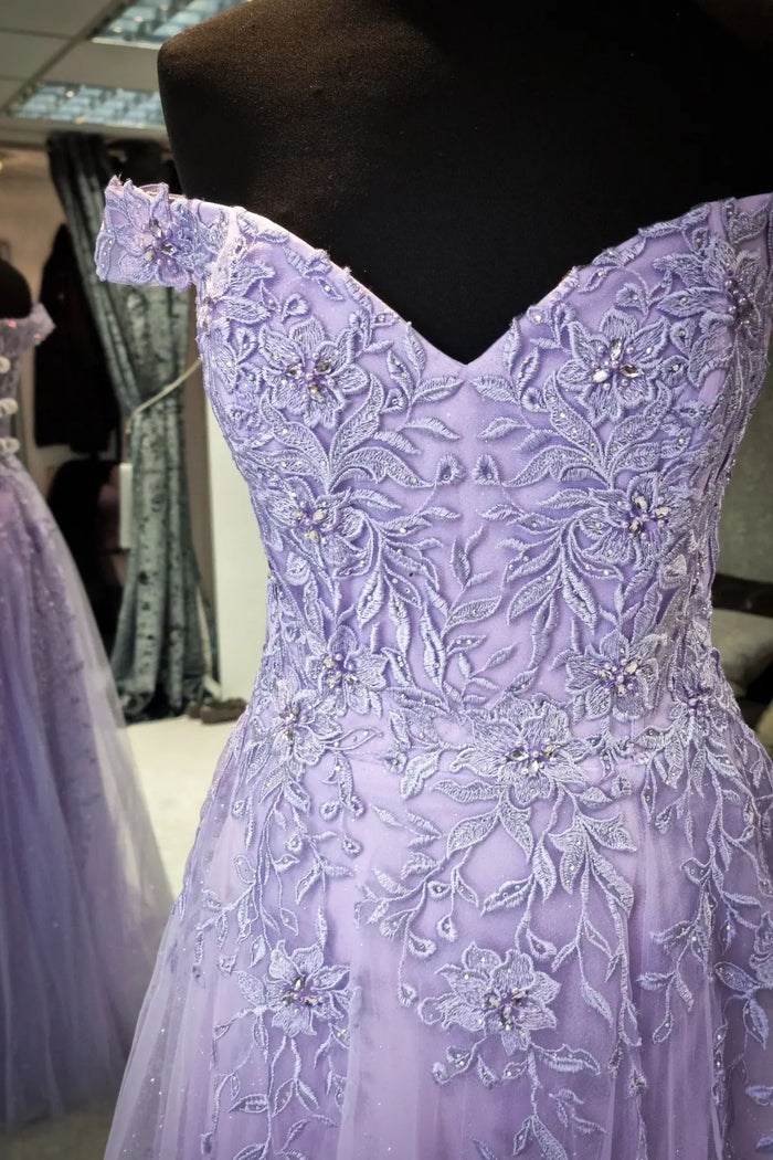 Lilac Off-the-Shoulder Appliques Tulle Long Prom Dress with Slit