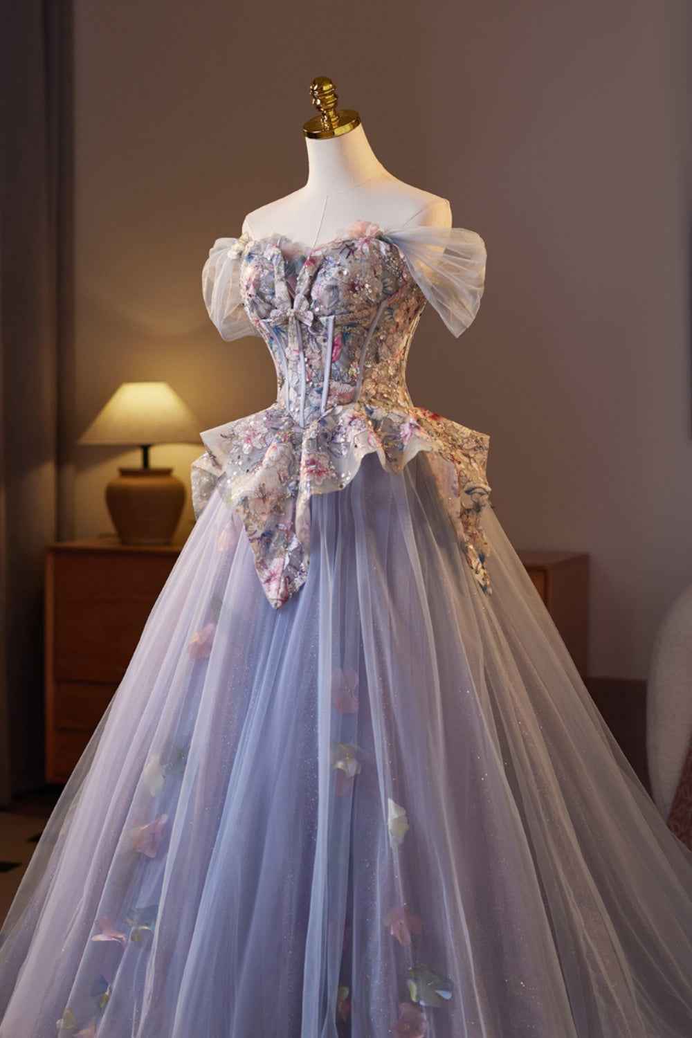 Off the ShoulderPurple Floral Embroidery A-line Prom Dress