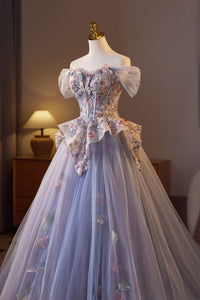 Off the ShoulderPurple Floral Embroidery A-line Prom Dress