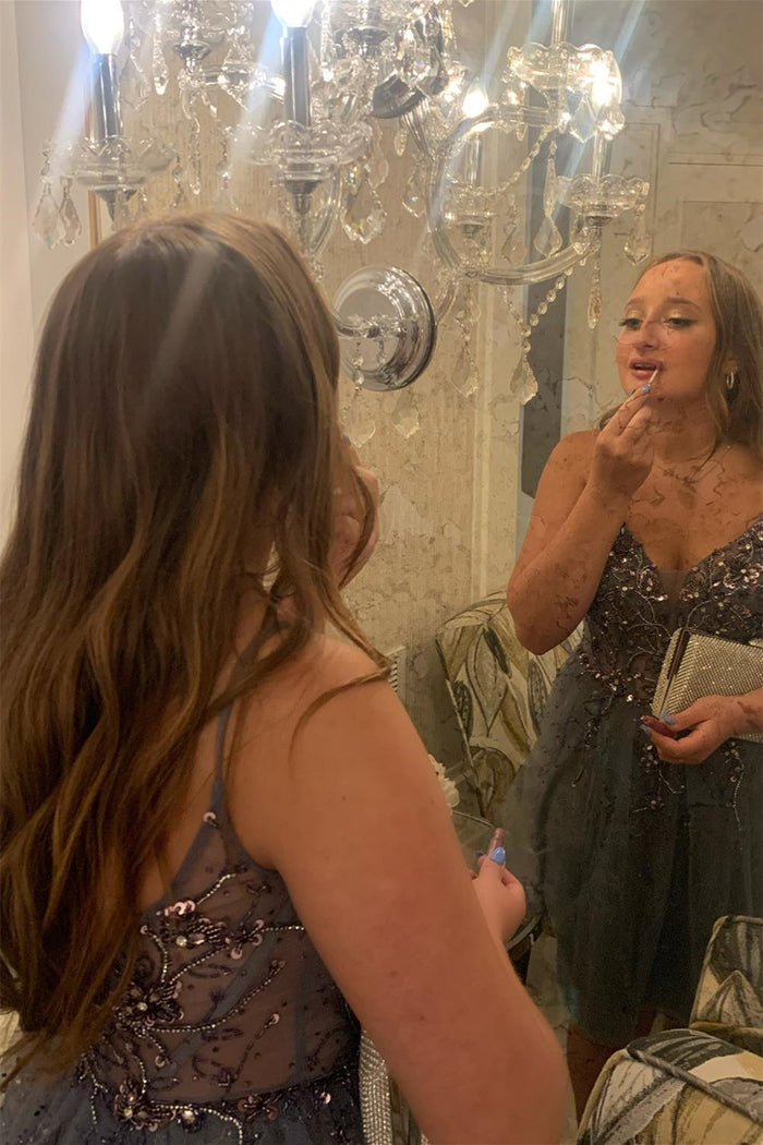 Grey Straps Deep V Neck Appliques Tulle Homecoming Dress