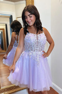 Lavender A-line Appliques Lace-Up Tulle Homecoming Dress