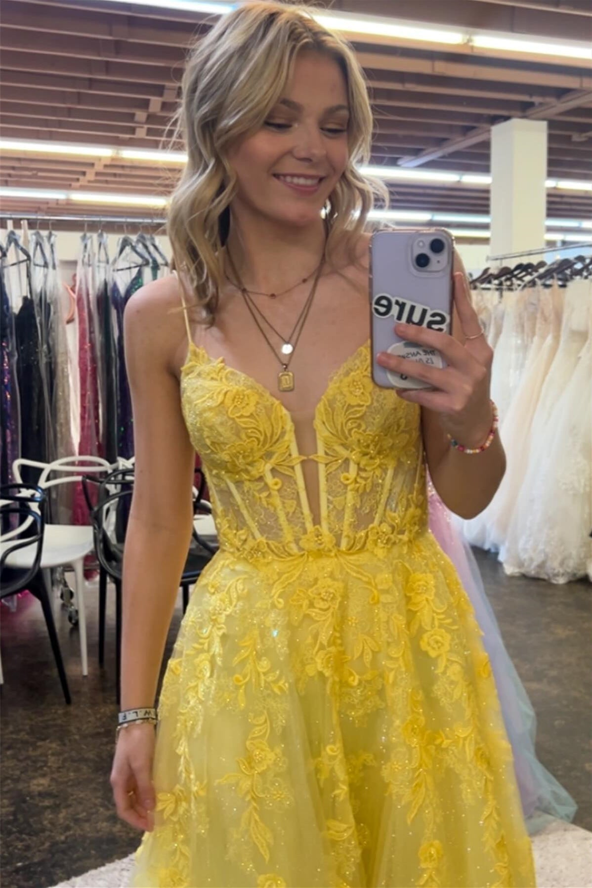 Yellow Floral Spaghetti Straps A-line Long Prom Dress