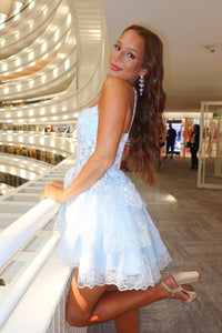 Light Blue A-line Sequined Appliques Multi-Layers Homecoming Dress