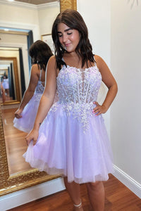 Lavender A-line Appliques Lace-Up Tulle Homecoming Dress
