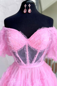 Pink Off-the-Shoulder Ruffles Puff Sleeves Homecoming Dress
