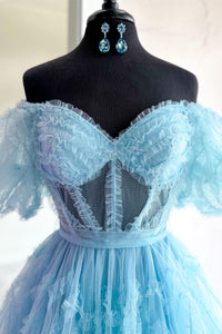Blue Off-the-Shoulder Ruffles Puff Sleeves Homecoming Dress