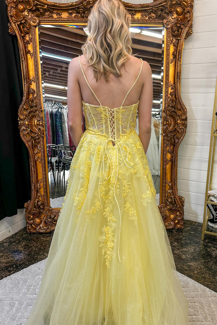 Yellow Floral Spaghetti Straps A-line Long Prom Dress