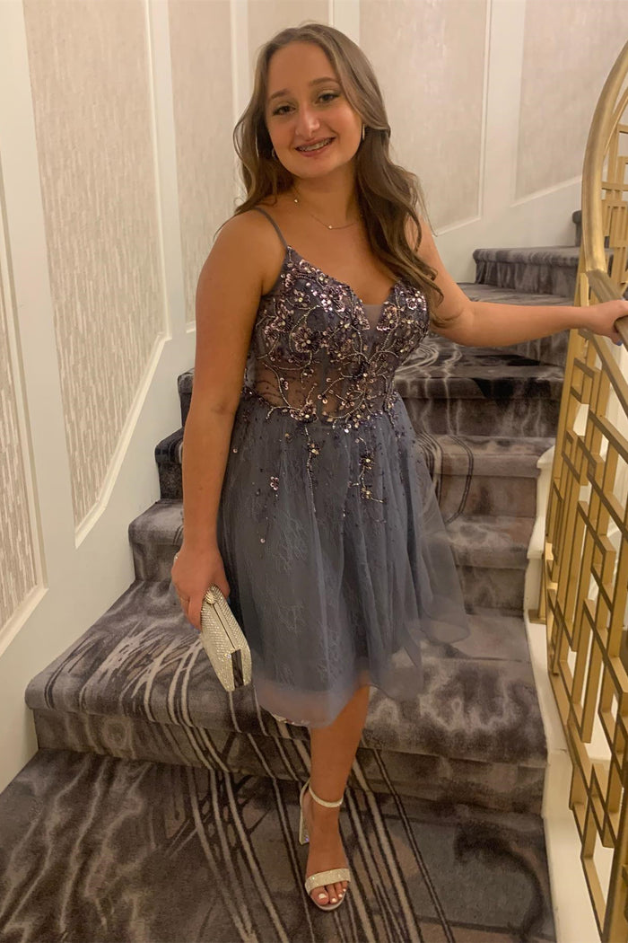 Grey Straps Deep V Neck Appliques Tulle Homecoming Dress