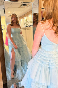 Light Blue Retro-U Spaghetti Straps Layers A-line Long Prom Dress