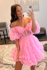 Pink Off-the-Shoulder Ruffles Puff Sleeves Homecoming Dress