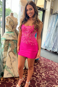 Hot Pink Sequin-Embroidered Lace-Up Sheath Satin Homecoming Dress