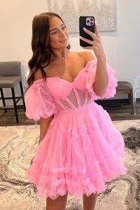 Pink Off-the-Shoulder Ruffles Puff Sleeves Homecoming Dress