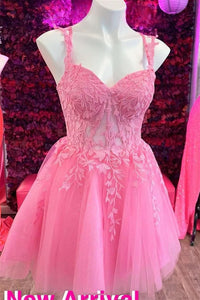 Pink Flower Straps A-line Appliques Tulle Homecoming Dress