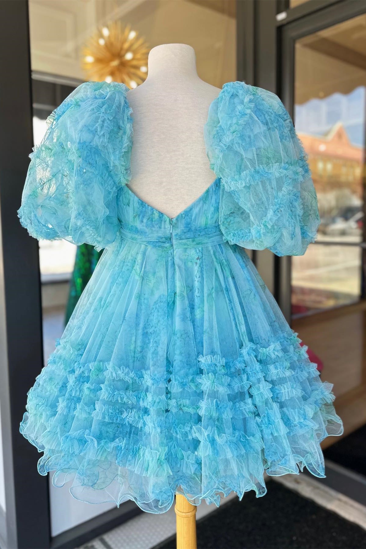 Blue Puff Sleeves Ruffles Homecoming Dress with Bow