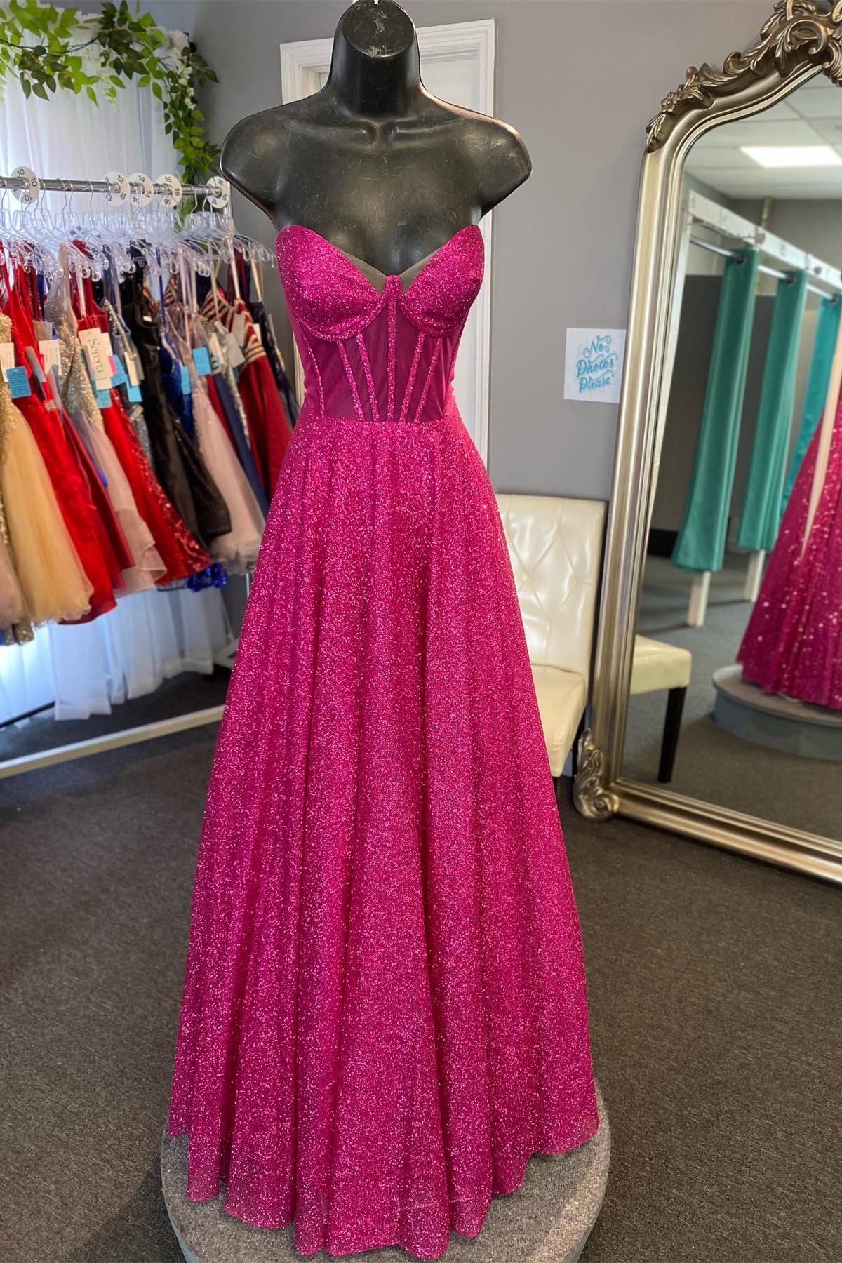 Fuchsia A-line Strapless Sequins Long Prom Dress