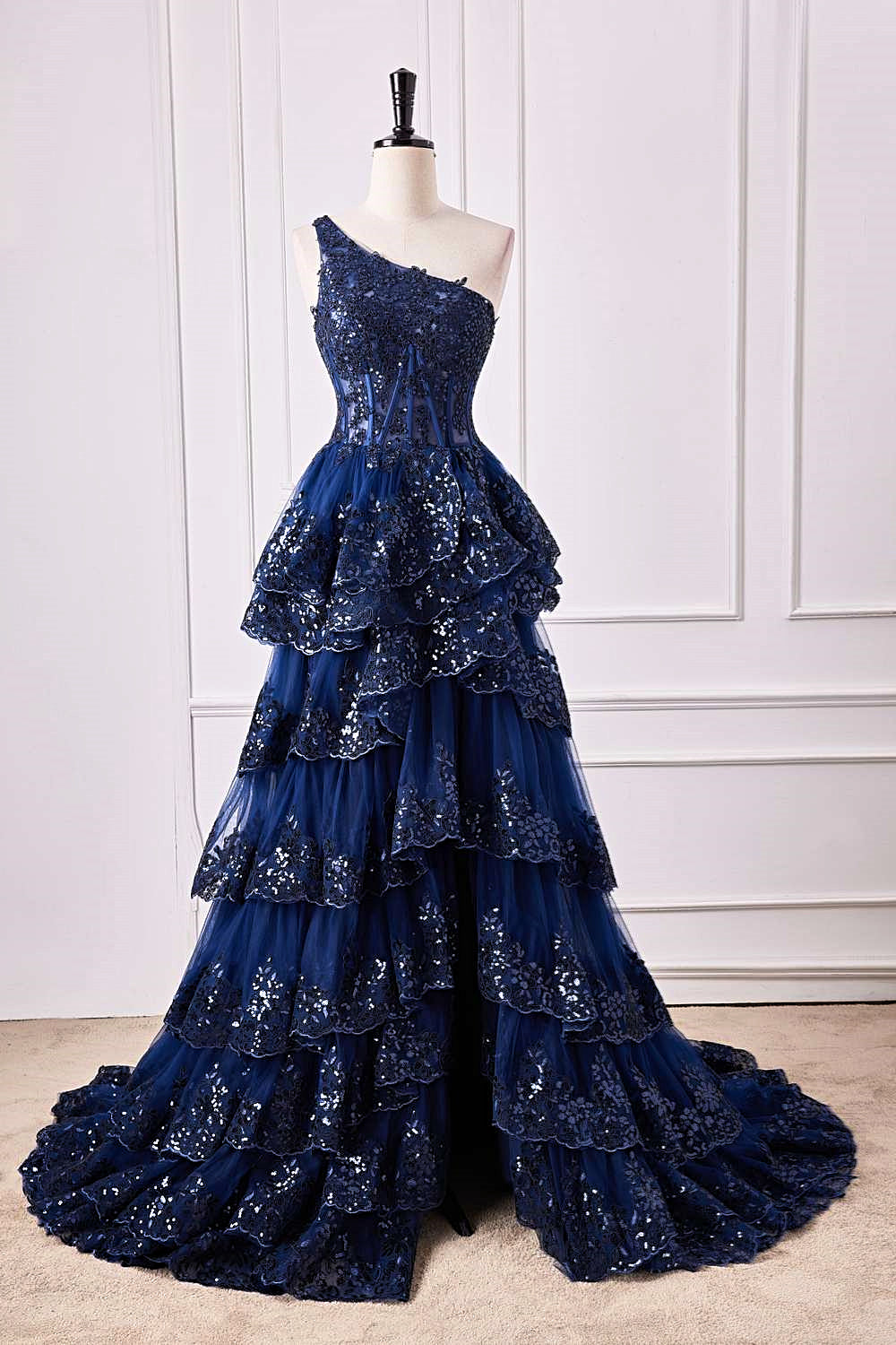 Dark Navy One Shoulder Floral Layers A-line Long Prom Dress with Slit