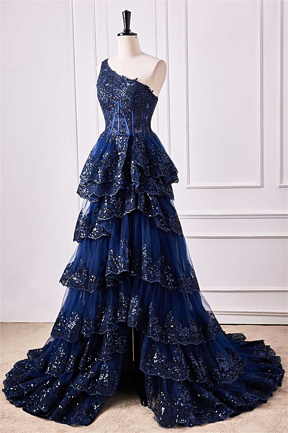 Navy Tulle A Line One Shoulder Prom Dress With Slit Navy Tulle A Line One Shoulder Prom Dress With Slit