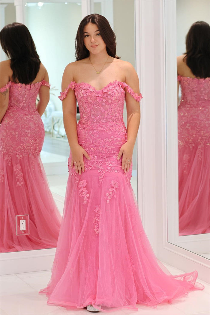 Pink Off-Shoulder Floral Appliques Mermaid Long Prom Dress