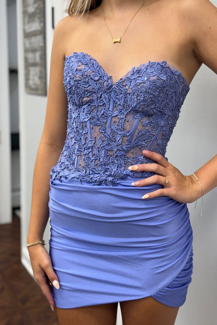 Periwinkle Appliques Ruched Tight Cocktail Dress