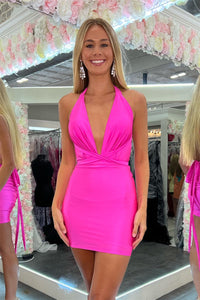 Hot Pink Plunging V Halter Sheath Satin Homecoming Dress