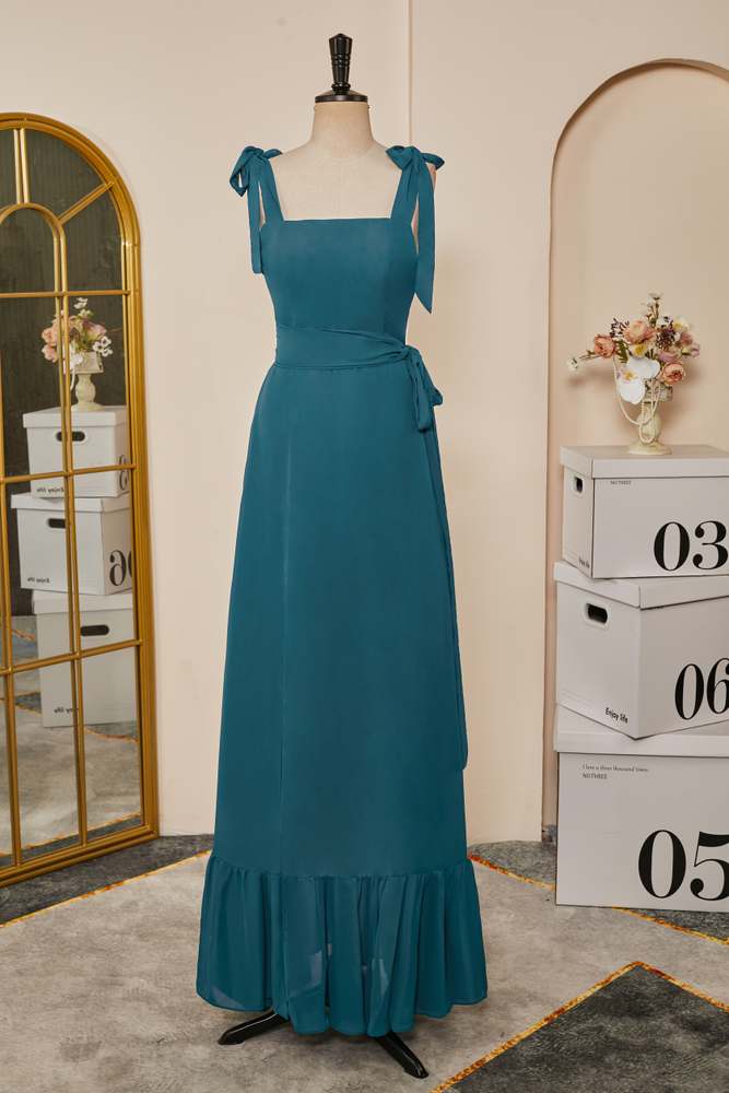 Teal Bow Tie Straps A-line Chiffon Long Bridesmaid Dress with Sash 