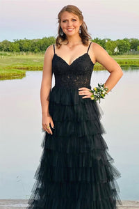 Black Keyhole Layers Floral Straps Long Prom Dress