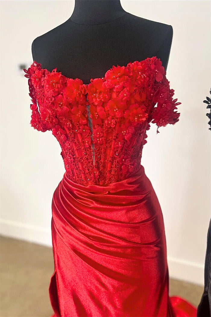 Red Off-Shoulder Floral Mermaid Long Prom Dress with Slit