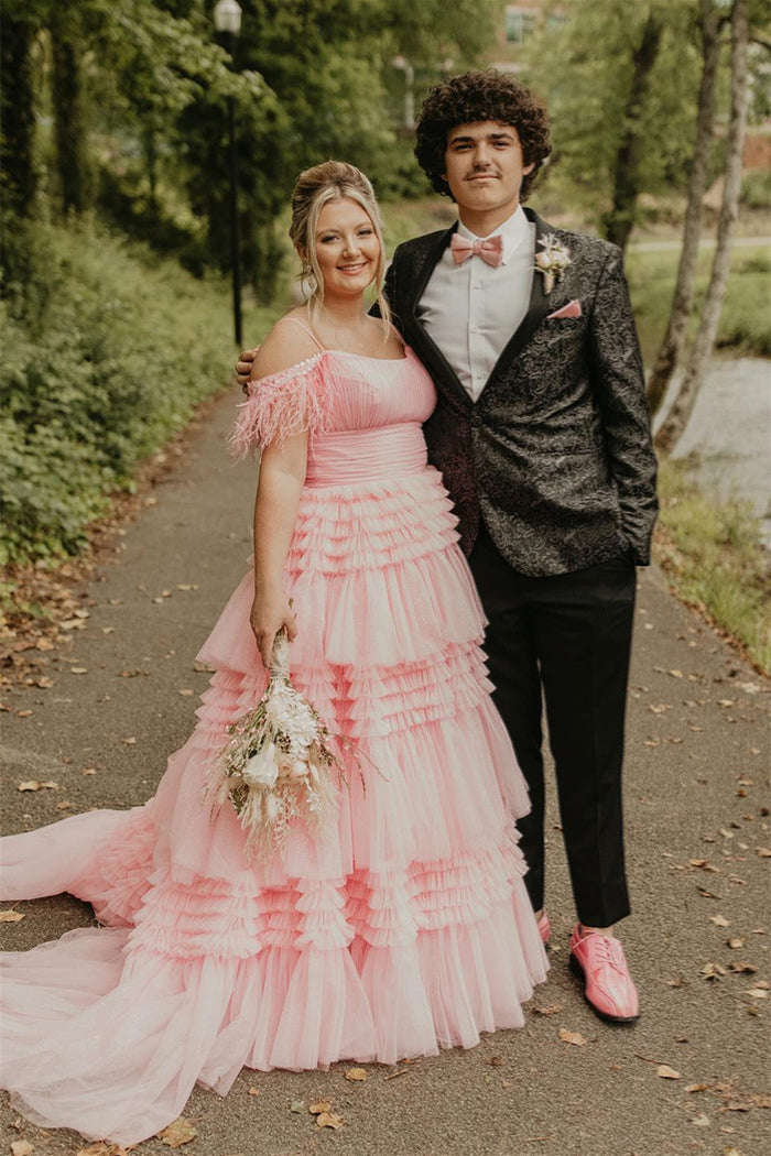 Pink Off-the-Shoulder Feathers Multi-Layers Long Prom Dress with Slit
