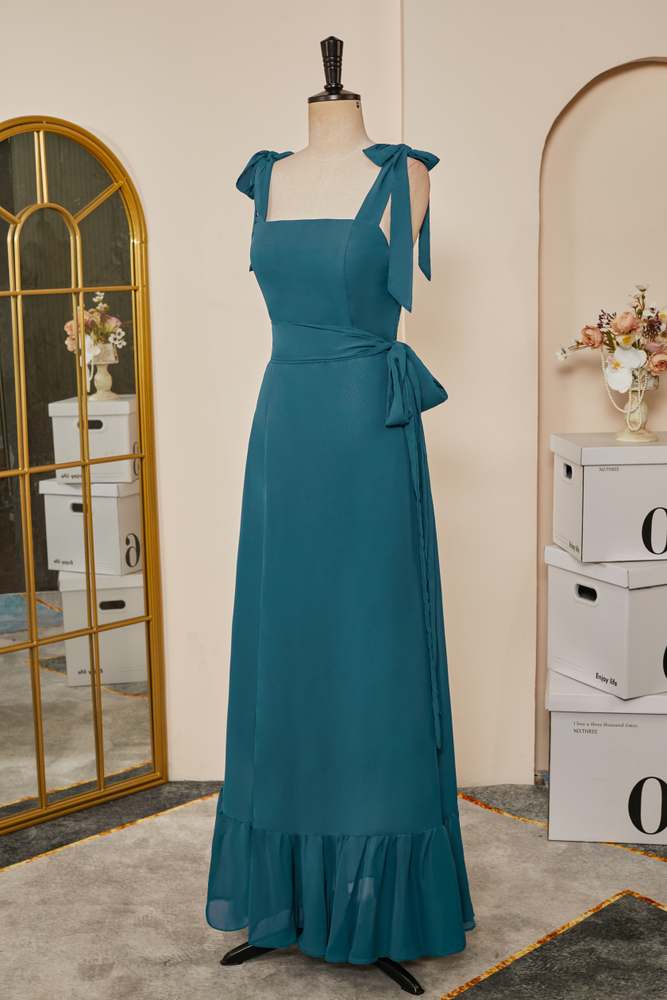 Teal Bow Tie Straps A-line Chiffon Long Bridesmaid Dress with Sash –  Dreamdressy
