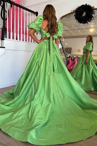 Green Puff Sleeves Bow Tie Back Two-Piece Aline Long Prom Dress with Slit