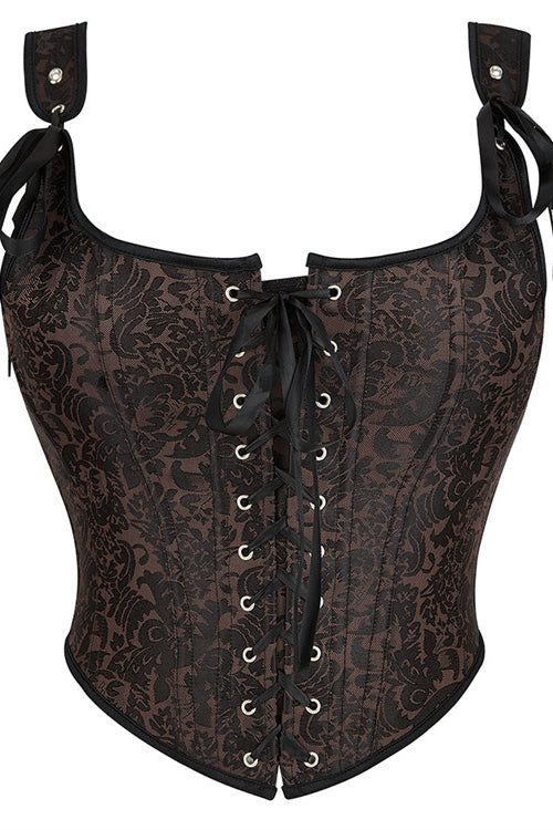 Brown Bow Tie Lace-Up Floral Boned Bustier Corset Top