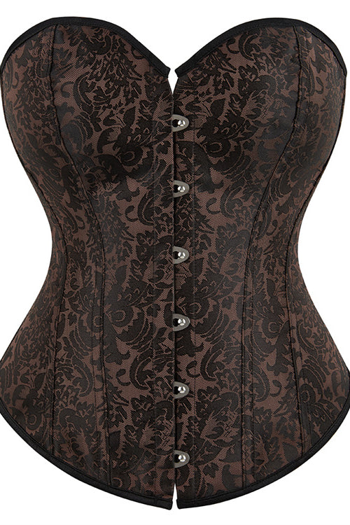 Brown Floral Lace-Up Strapless Boned Bustier Coset Top