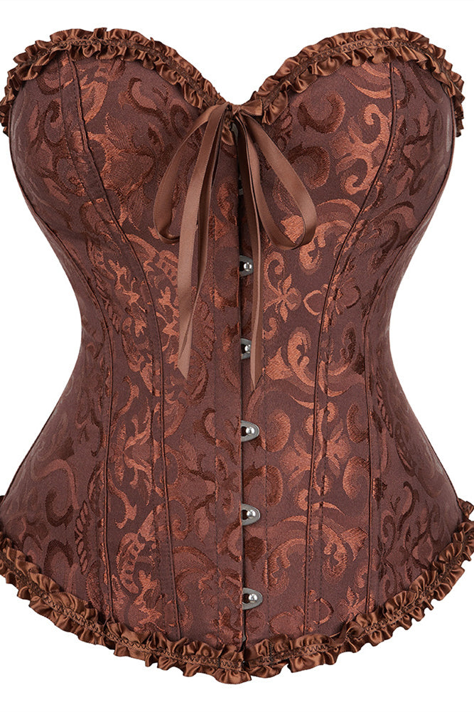 Brown Floral Ruffled Strapless Lace-Up Bustier Corset Top