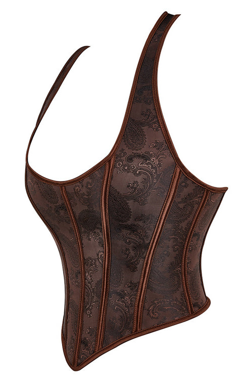 Brown Halter Boned Floral Lae-Up Bustier Corset Top