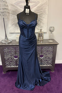 Spaghetti Strap Beaded Mermaid Dress with High Slit