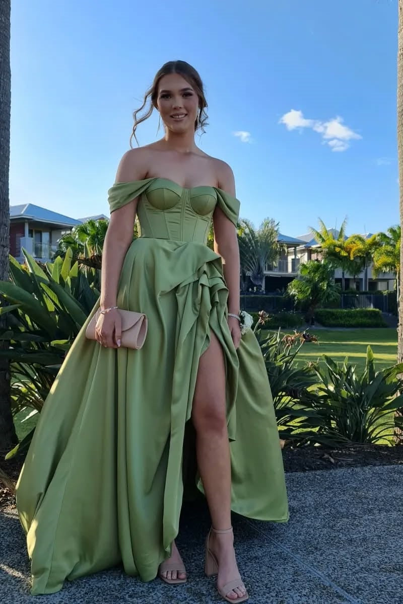 Off-the-shoulder Ruched Long Dress with High Slit