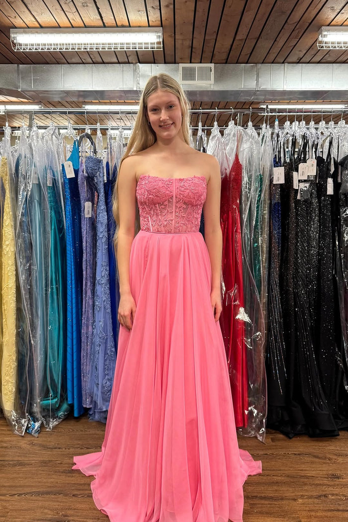Pink Strapless Illusion Lace Applique A-line Dress