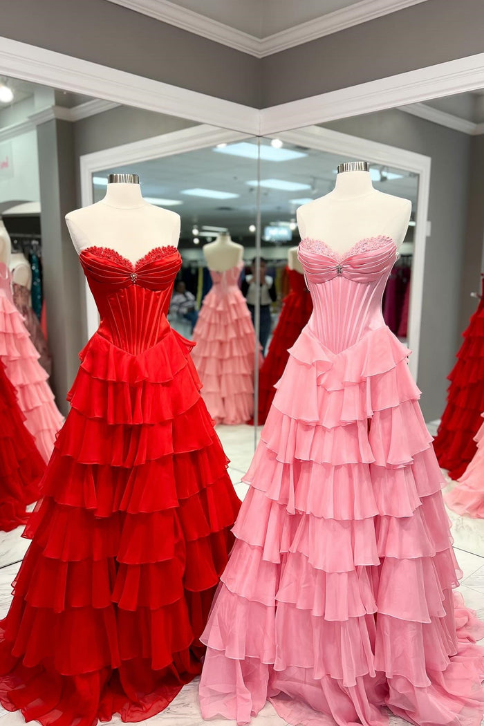 Strapless Beaded Ruched Ruffle Long Prom Dress