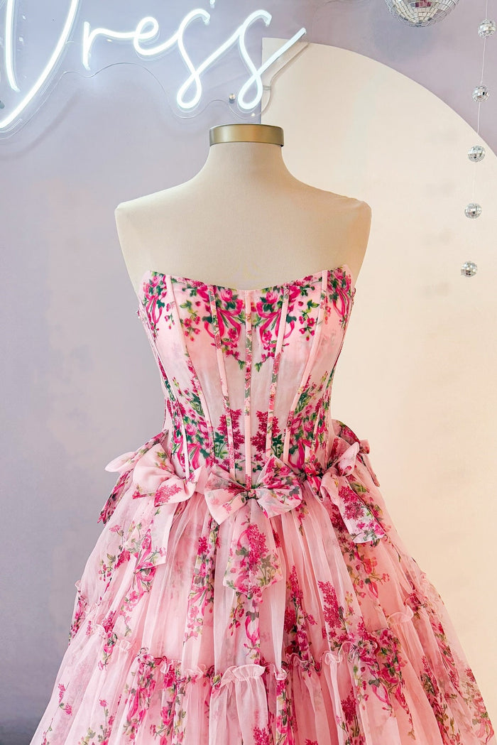 Pink Strapless Floral Print Ruffle Prom Dress with Bow