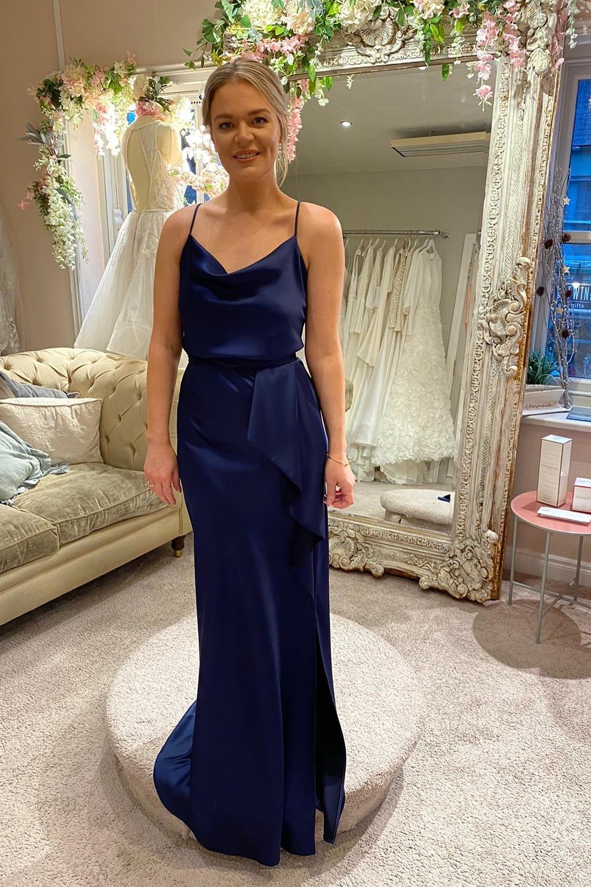 Navy Blue Cowl Neck Ruched Bridesmaid Dress