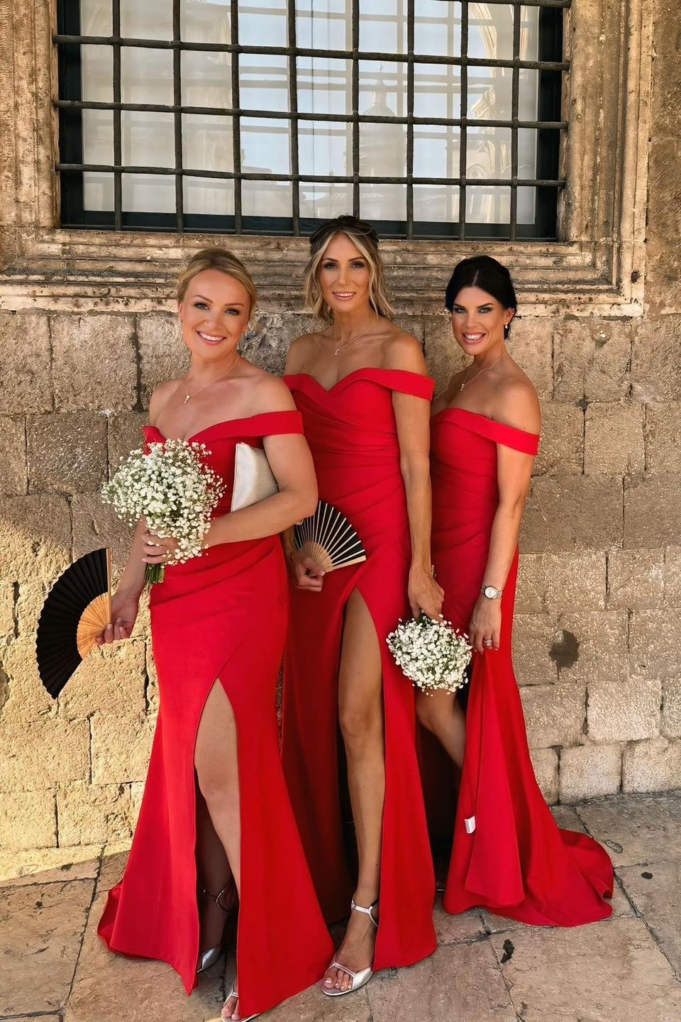 Red Off-the-shoulder Mermaid Bridesmaid Dress with Slit
