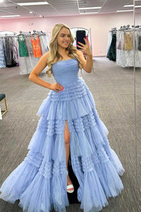 Champagne Strapless A-line Multi-Layers Tulle Long Prom Dress with Slit