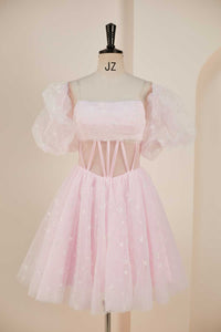 Pink A-line Strapless Homecoming Dress with Detachable Sleeves