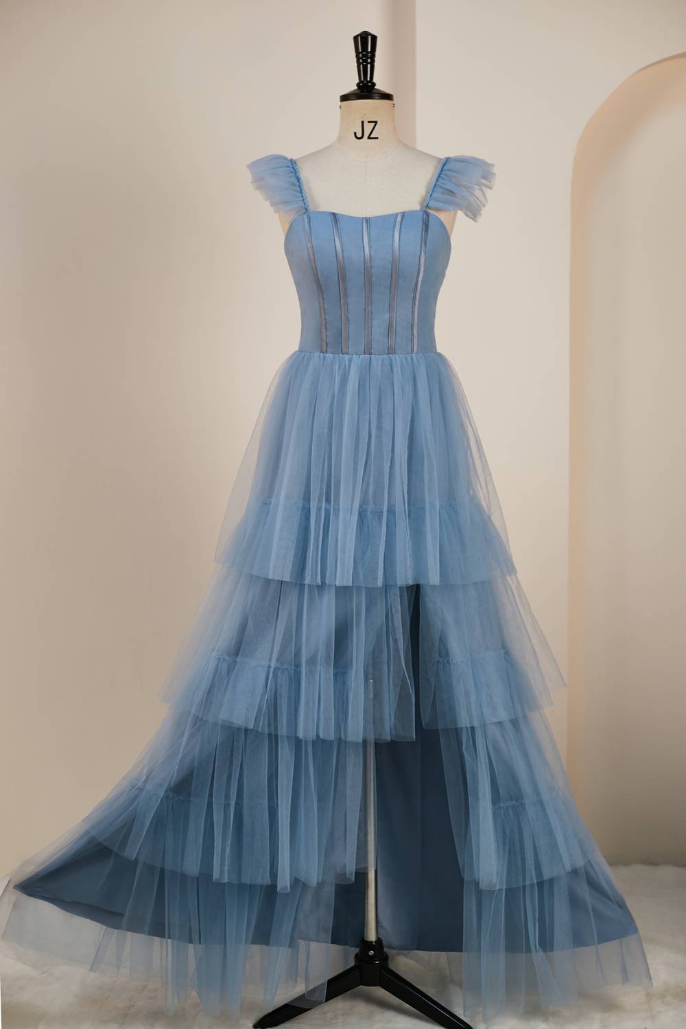 Chiffon Tassel Blue Cap Sleeve Prom Dress With Slit